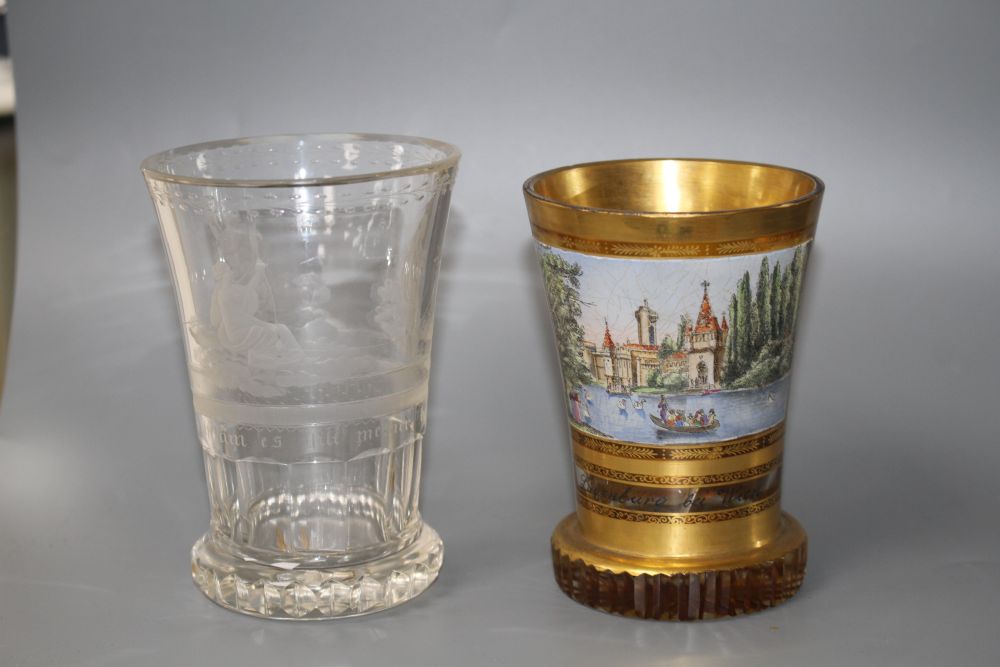 Two Bohemian glass beakers, ranftbechers, c.1840 and 1900, H.11.7cm and 10.9cm (2)